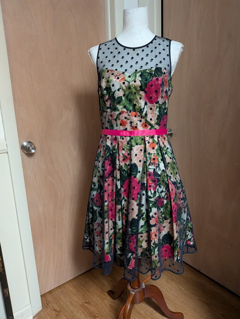 Eliza J Floral Fit & Flare Illusion Mesh Polka Dot Dress Size 12